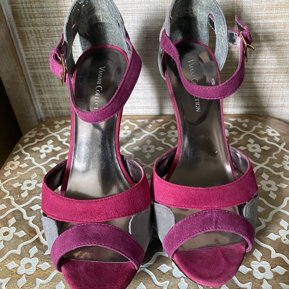 Grey, Purple and Fuschia Suede Strappy Heels, Size 8 - Picture 3 of 13
